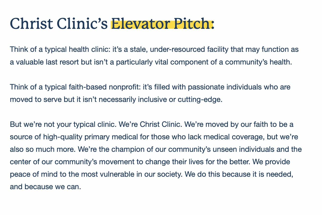 Christ Clinic elevator pitch from brand guidelines