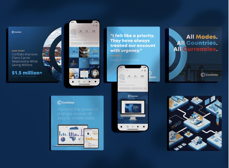 ConData digital content spread: social posts, mobile screens, case study cover