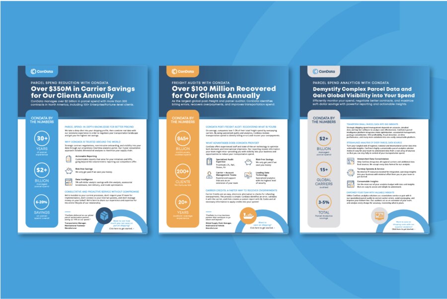 ConData services sales one-sheeters: Parcel Spend, Freight Audit, Parcel Analytics
