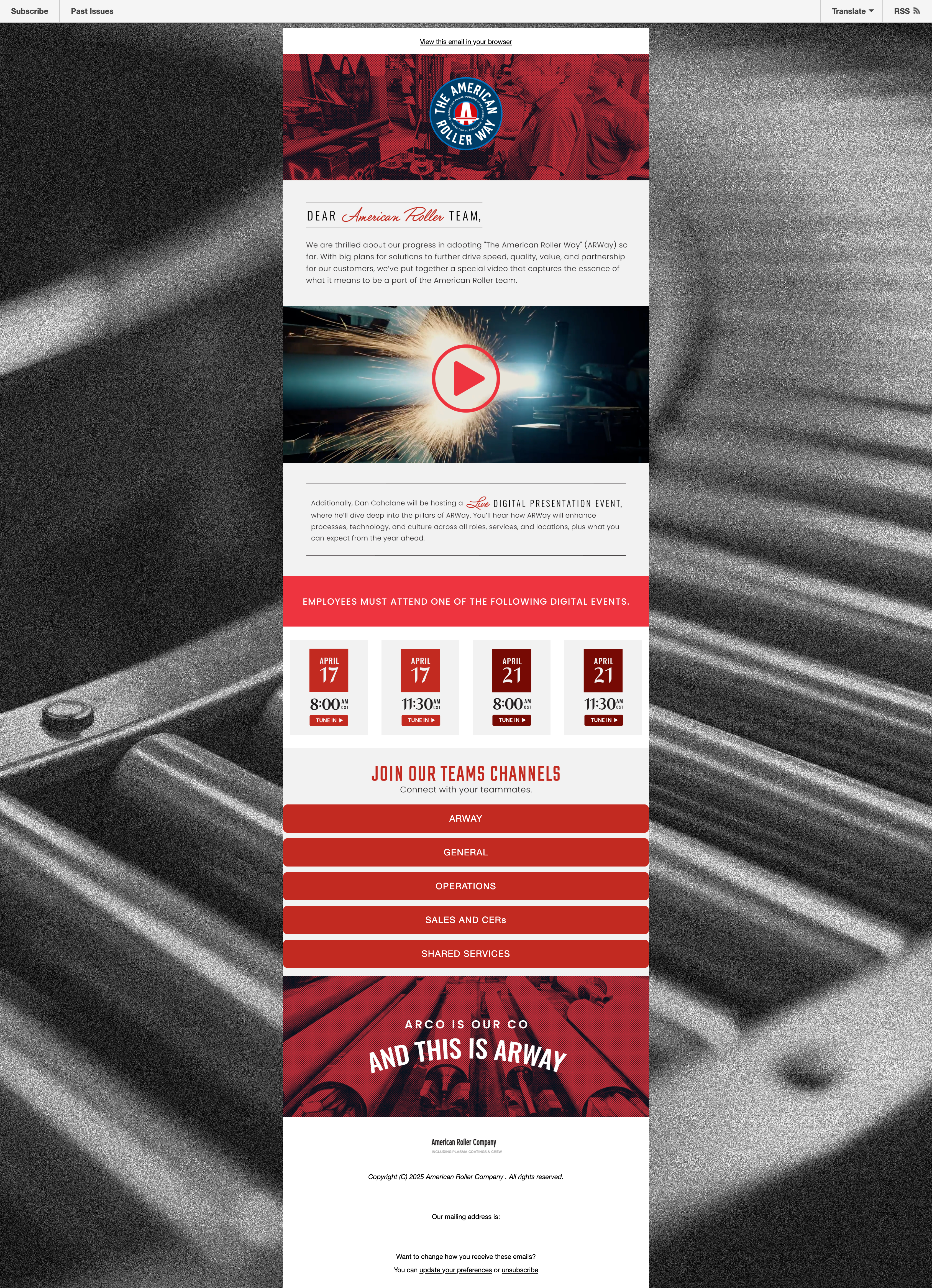 ARWay internal launch email featuring brand video, kickoff event dates, and Teams channel links