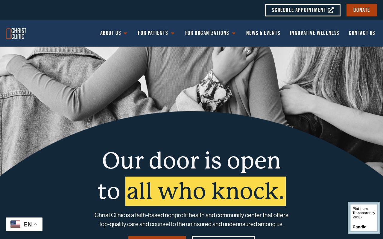 Christ Clinic website hero showing 'Our door is open to all who knock'