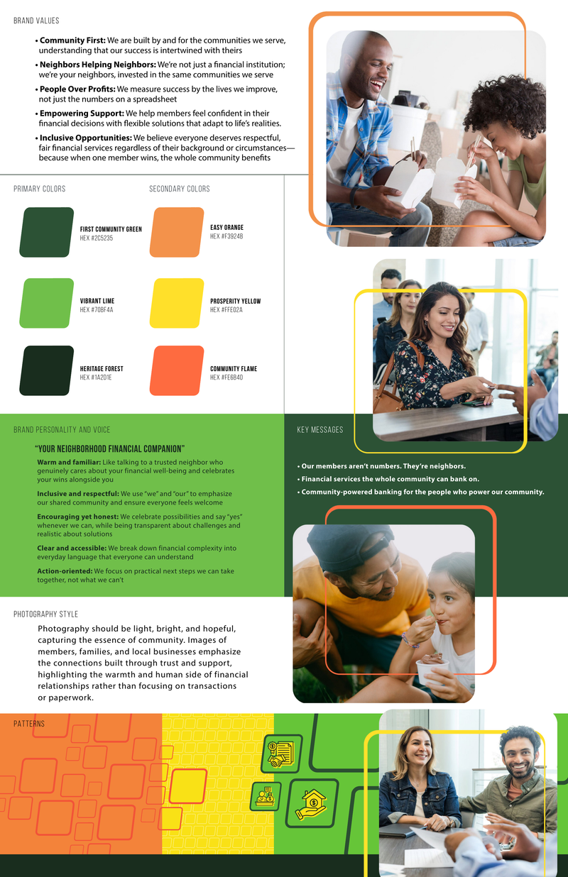 First Community Credit Union brand style guide page 2: brand values, color palette, photography style, brand personality, key messages, and patterns