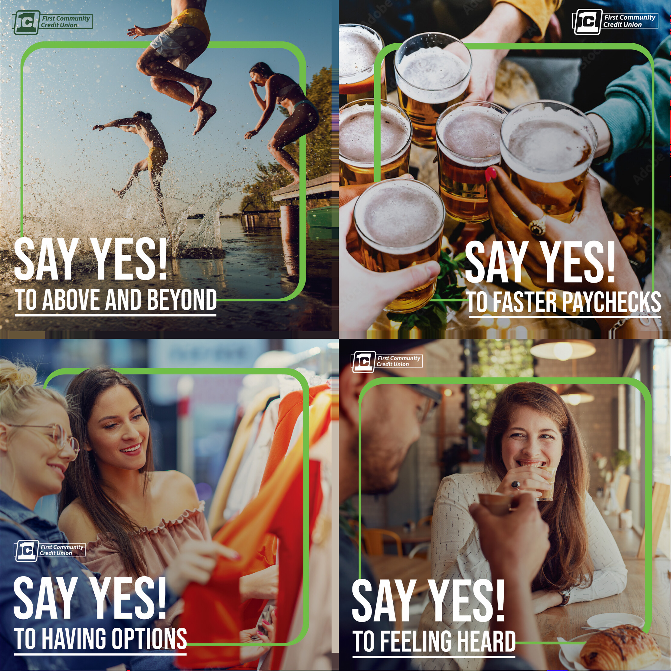 First Community Credit Union 'Say YES! With No Stress' social campaign grid