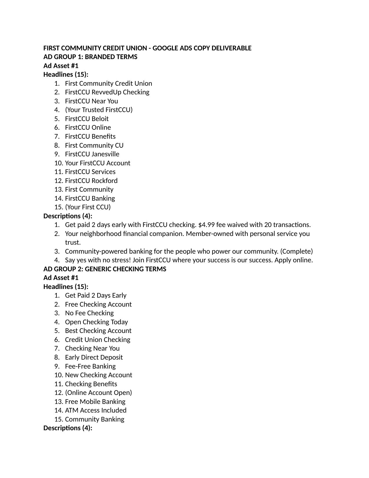 First Community Credit Union Google Ads copy structure showing ad groups and headlines