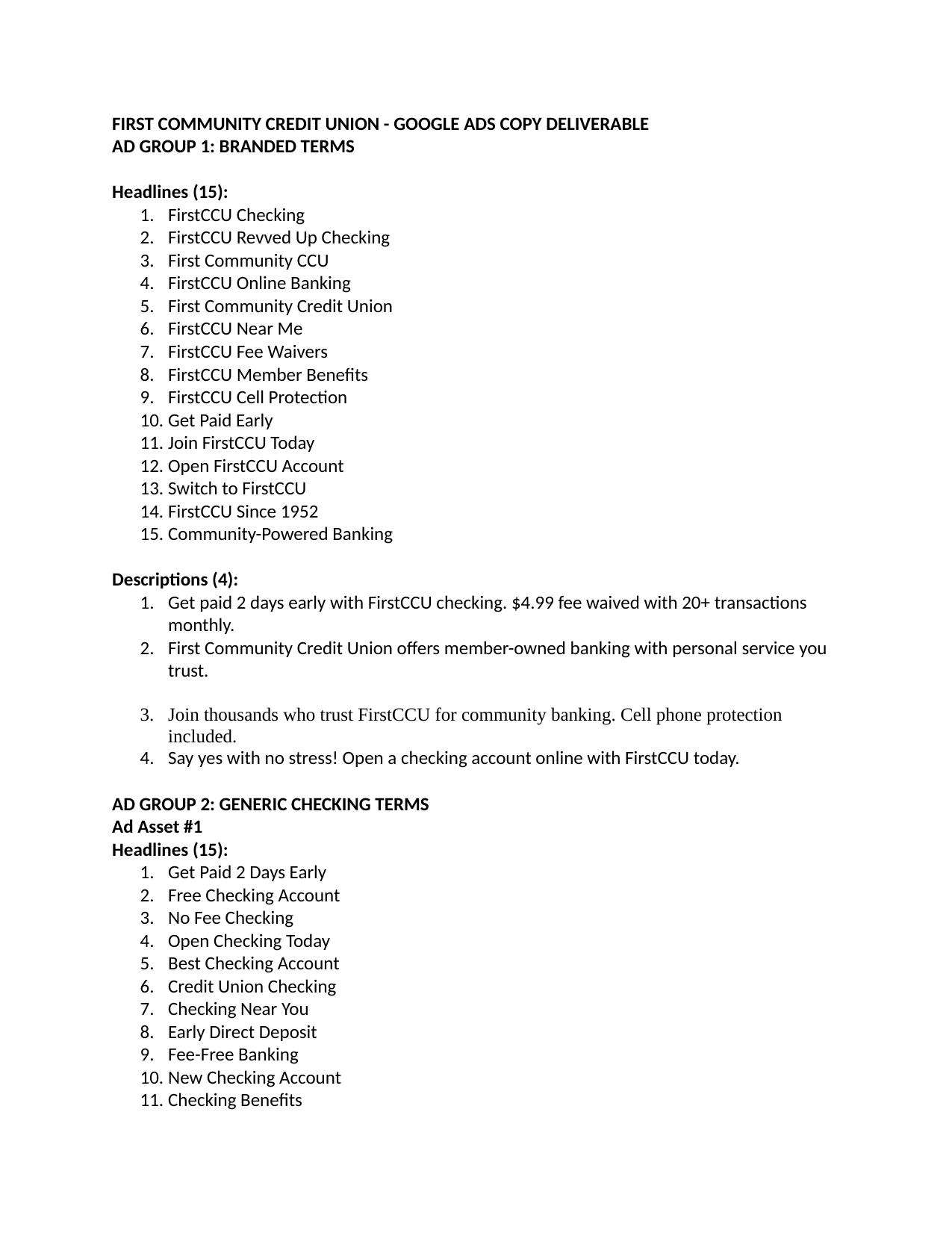 First Community Credit Union search ads strategy document