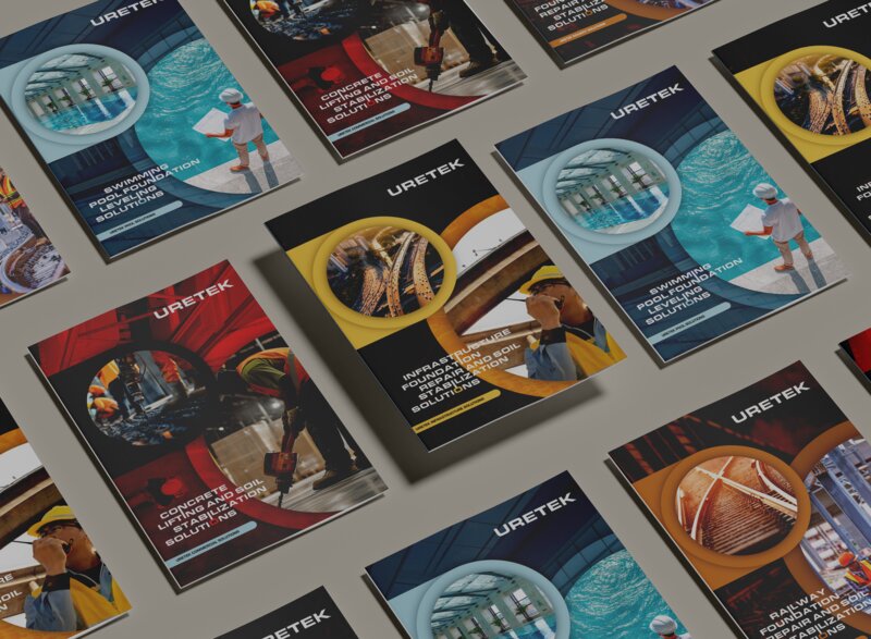 URETEK brochure collection across commercial, infrastructure, railway, and residential markets