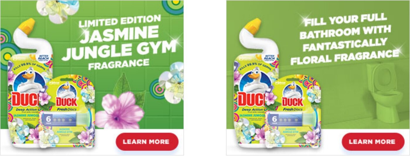 Two 300x250 display banners for Jasmine Jungle Gym, the second reading 'Fill your full bathroom with fantastically floral fragrance'