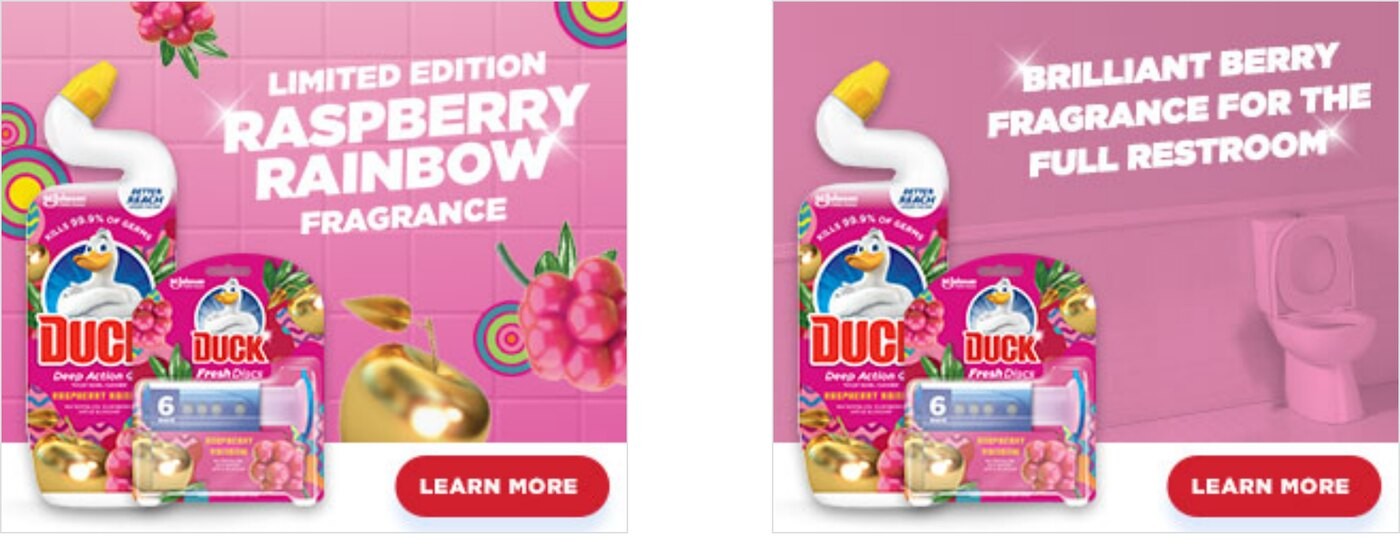 Two 300x250 display banners for Raspberry Rainbow, the second reading 'Brilliant berry fragrance for the full restroom'
