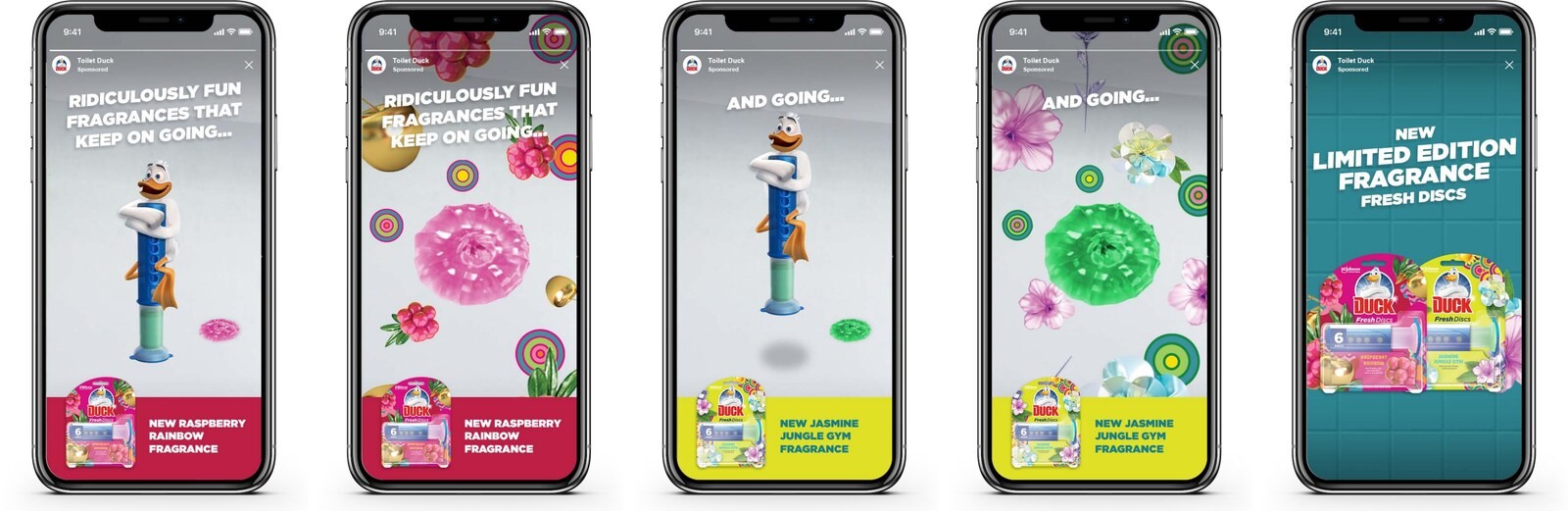 Story sequence reading 'Ridiculously fun fragrances that keep on going' with the Duck pogoing on a fresh disc