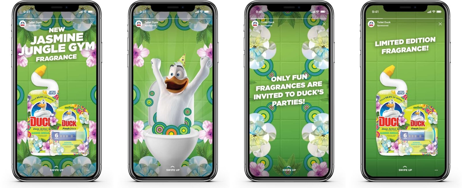 Four-frame Instagram Story sequence for Jasmine Jungle Gym, ending on 'Only fun fragrances are invited to Duck's parties'