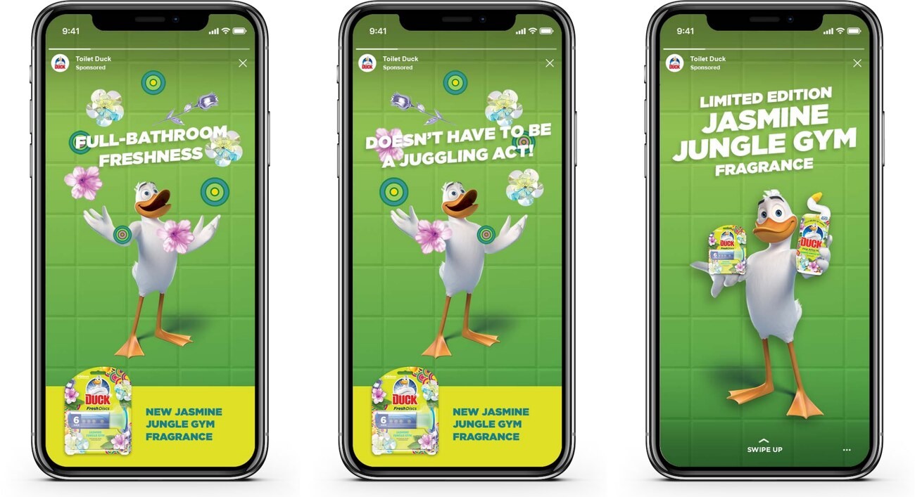 Story frames reading 'Full-bathroom freshness doesn't have to be a juggling act' with the Duck juggling fragrance cues