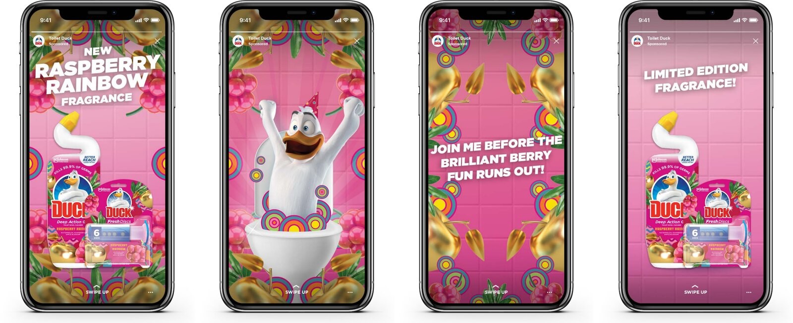 Four-frame Instagram Story sequence for Raspberry Rainbow, ending on 'Join me before the brilliant berry fun runs out'