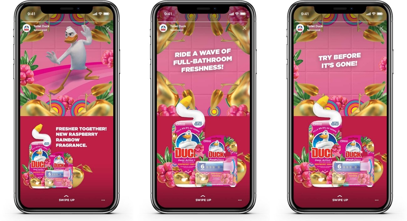 Story frames with the product pair locked to the bottom of the screen and copy reading 'Fresher together' and 'Ride a wave of full-bathroom freshness'
