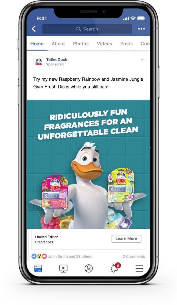 In-feed static reading 'Ridiculously fun fragrances for an unforgettable clean' with the Duck holding both products