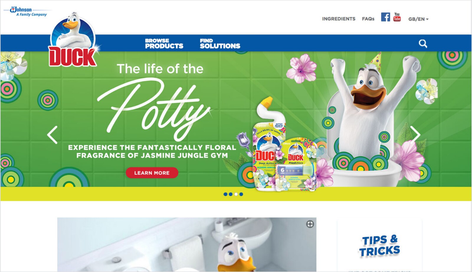 Toilet Duck homepage marquee reading 'The life of the Potty' with the Jasmine Jungle Gym limited edition products