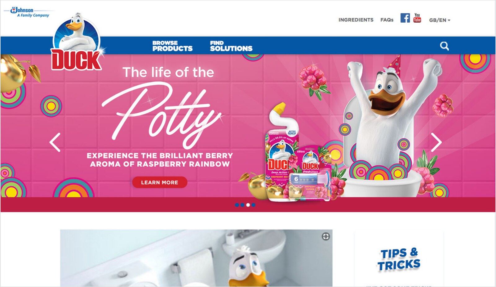 Toilet Duck homepage marquee reading 'The life of the Potty' with the Raspberry Rainbow limited edition products
