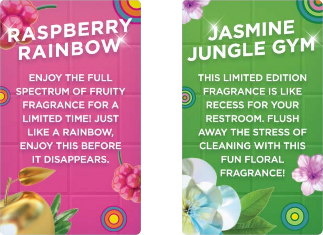 Two product landing touts: Raspberry Rainbow reading 'Just like a rainbow, enjoy this before it disappears' and Jasmine Jungle Gym reading 'Like recess for your restroom'