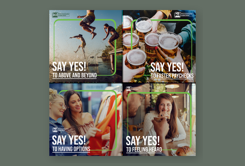 First Community Credit Union brand style guide showing identity system, purpose, values, and voice