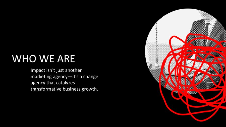 Slide from IMM rebrand presentation: 'Impact isn't just another marketing agency, it's a change agency that catalyzes transformative business growth'