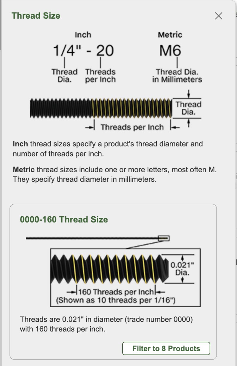 McMaster-Carr product category page with thread descriptions