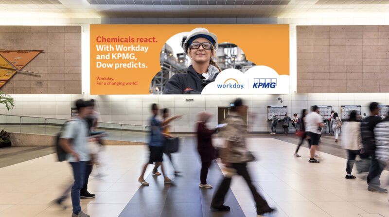 Workday and KPMG co-branded billboard: Chemicals react. With Workday and KPMG, Dow predicts.