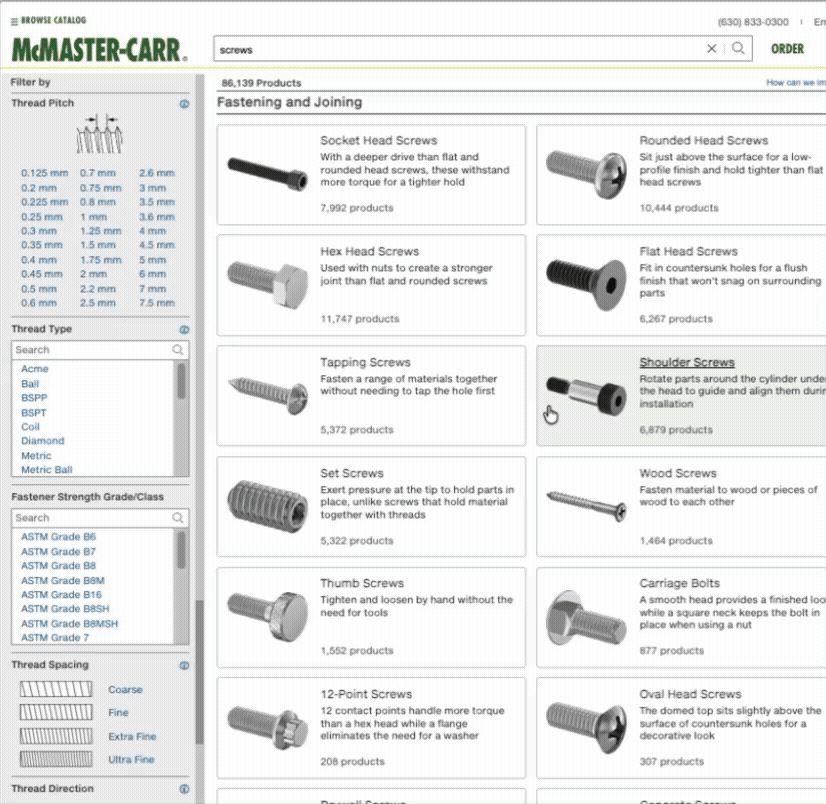 McMaster-Carr thread spacing animation showing how thread types compare